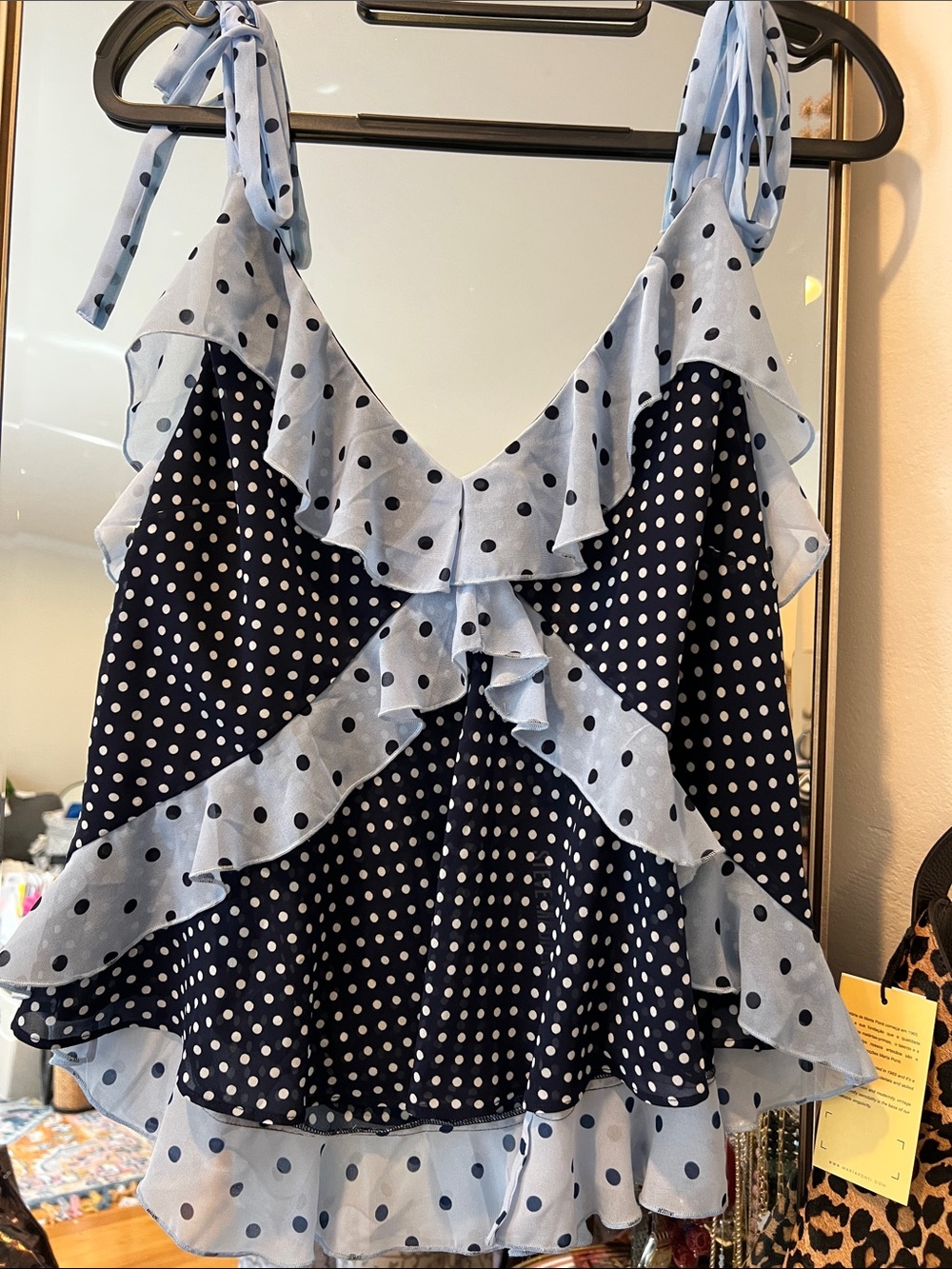 Steve Madden Navy and Light Blue Polka Dot Ruffle Tie-Strap Camisole